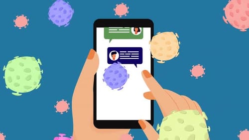 Digitale Animation von Covid-19-Zellen, die mit einem Smartphone vor blauem Hintergrund über der Hand schweben