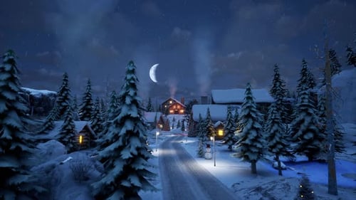Haus inmitten verschneiter Bäume, Blaue Winterstunde, fallender Schnee