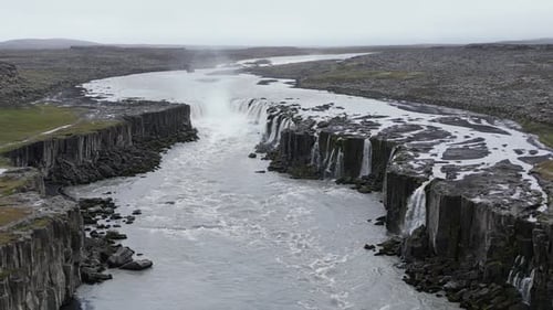 Aerial Footage of Godafoss Waterfall in Iceland