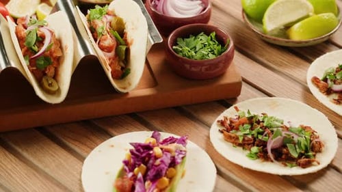 Delicious Variety of Tacos on a Wooden Table