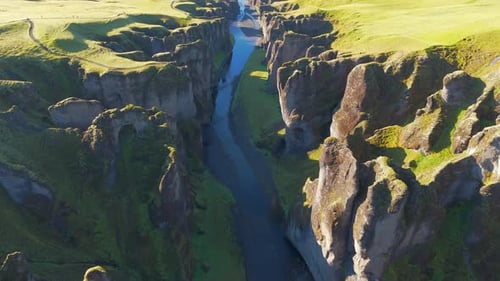 Amazing Aerial View of Worldfamous Fjadrargljufur Canyon Summer Iceland