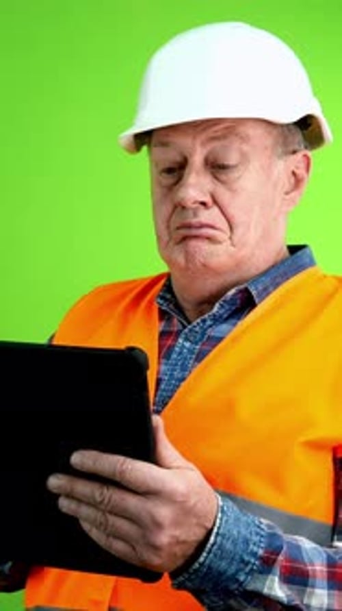 Mature Man With Tablet on Green Screen