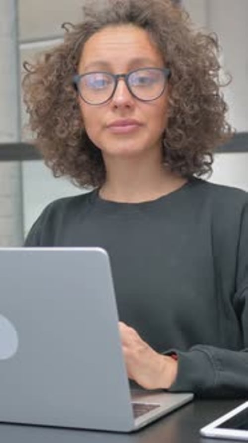 Woman Working on Laptop at Desk Indoors Smiling