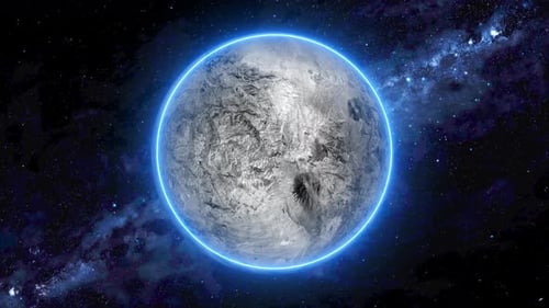 Leuchtender, realistischer Mondplanet Rotiert im Weltraum oder in der Galaxie und Sterne in der Milchstraße. 2145