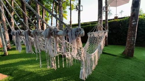 Empty white hammocks installed between trees on green grass