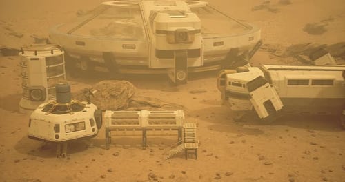 Exploration Base on Mars Shows Habitat Modules Surrounded By Dust Storm