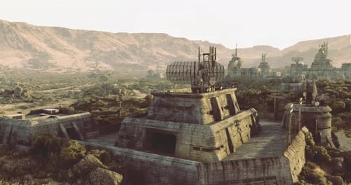 Abandoned Industrial Site in a Desert Landscape Under Bright Sunlight