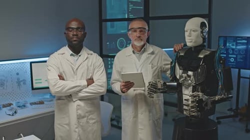 Portrait of Engineers with Humanoid Robot in Lab