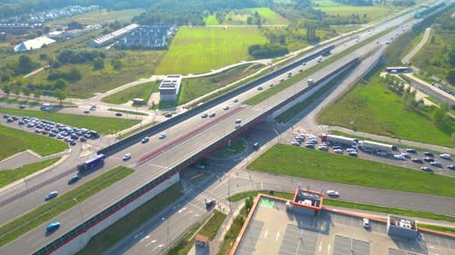 Aerial top view of highway junction interchange road. Drone view of the elevated road, traffic junct