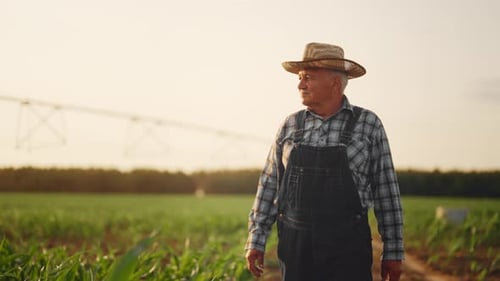 Professional Farmer in Rural Area Portrait of Walking Farm Owner in Farmland Innovative Irrigation