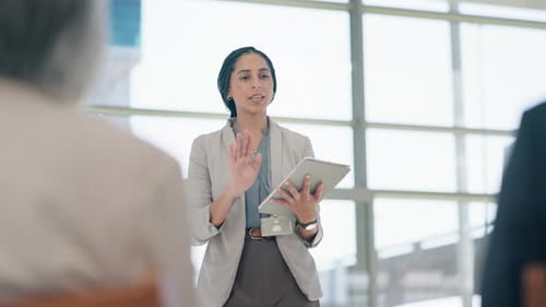 Presentation, conference and woman with question in audience for tradeshow, training or meeting