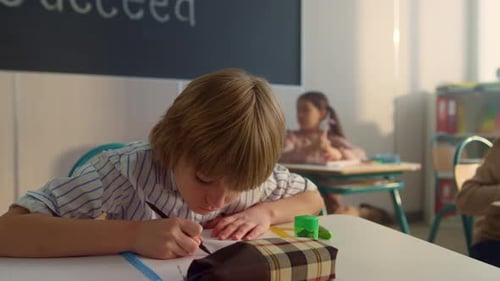 Focused Boy Learning In Class At Elementary School. Smart Kid Writing In Notebook At School Lesso...