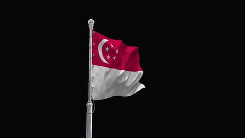 Waving Singapore National Flag on a Metal Pole