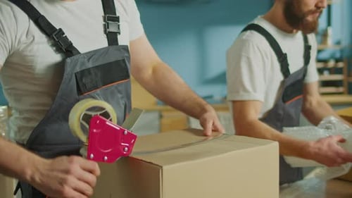 Worker of Moving Company Using Duct Tape Machine for Packing a Cardboard Box