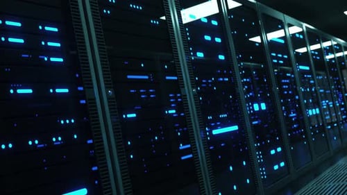 Angled dolly shot of powerful web servers in a futuristic data center server room