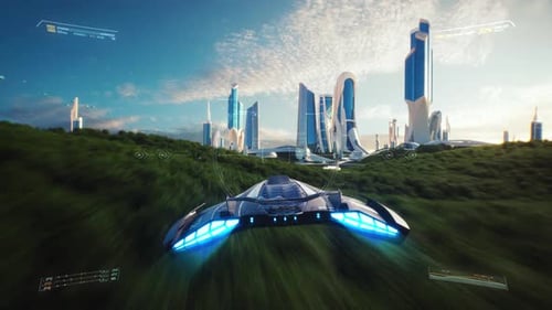4K, Fake 3D video game. Utopia city spaceship fake game with HUD.