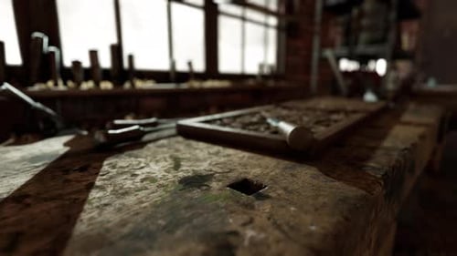 Vintage Wild West Carpenter Shop Interior with Antique Tools