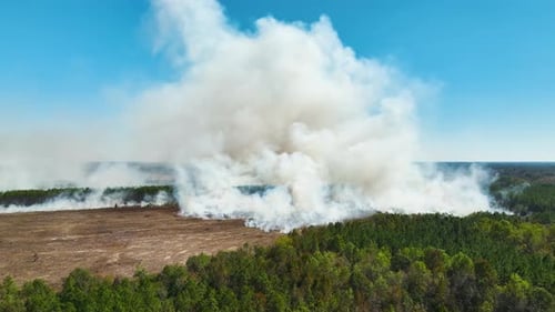 View From Above of Dense Smoke From Woodland and Field on Fire Rising Up Polluting Air