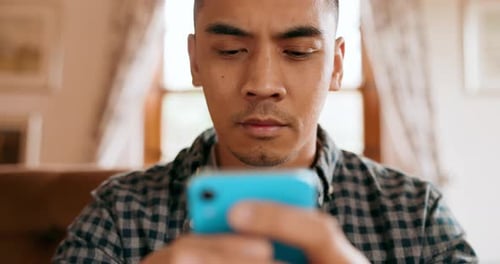 Phone, social media and communication with a young man typing a message