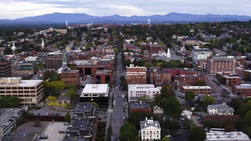 Burlington Vermont, Sunset Flying Aerial Drone Shot New England Slow Motion
