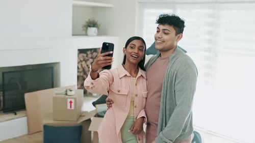 Couple, video call and happy together in new home or moving in with real estate property