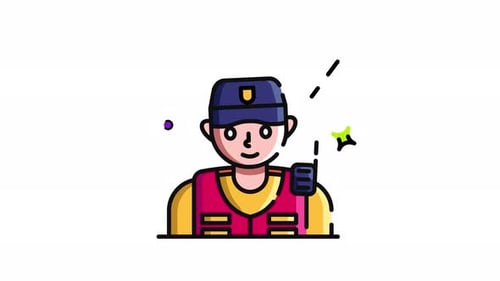 Animated Security Guard Character with Walkie-Talkie Icon