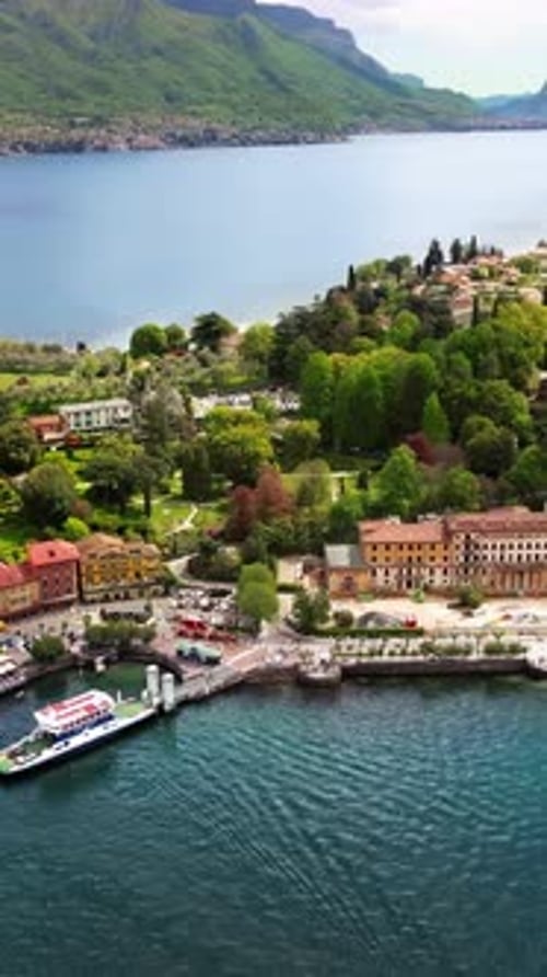 Aerial drone view of the village Bellagio near Lake Como, Italy. Vertical