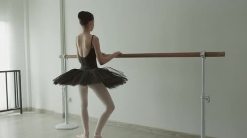Ballet dancer practices at barre in black tutu, embodying grace and dedication in a serene studio.