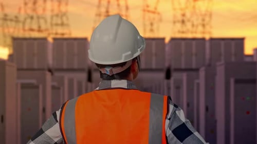 Close Up Back View Of A Male Engineer Looking Around While Arms Akimbo with High Voltage Power