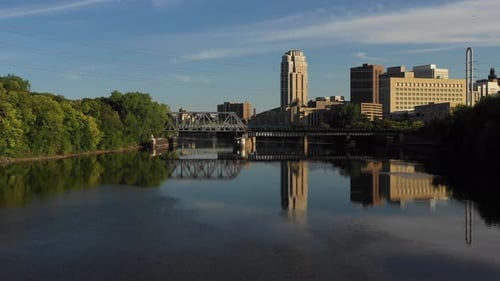 American city skyline - Aerial of river beside minneapolis skyline