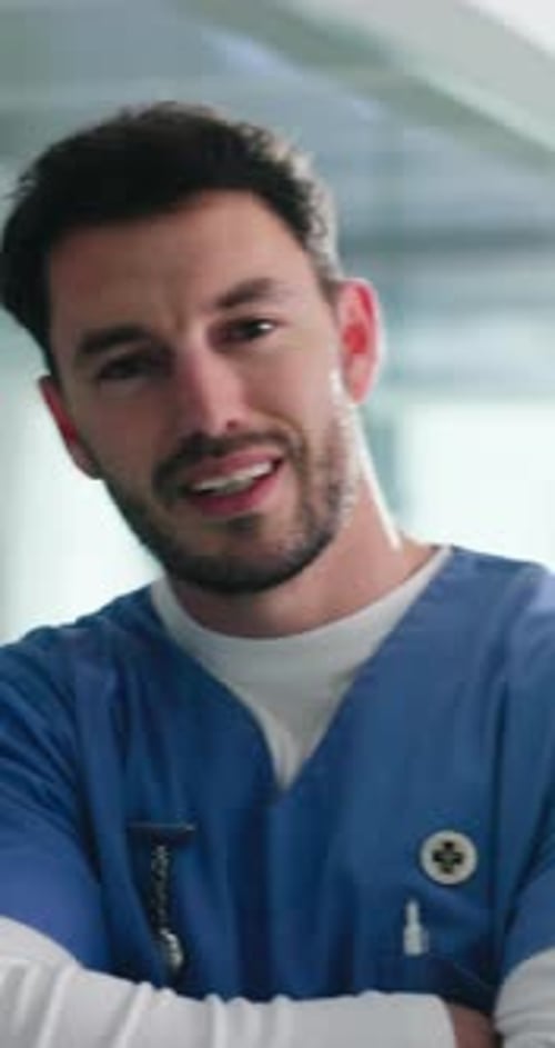 Crossed arms, nurse and face of happy man in hospital for medical service