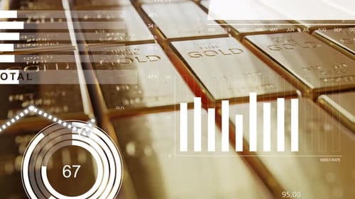 Charts, bar charts and growth charts of financial indicator against gold ingots 4k