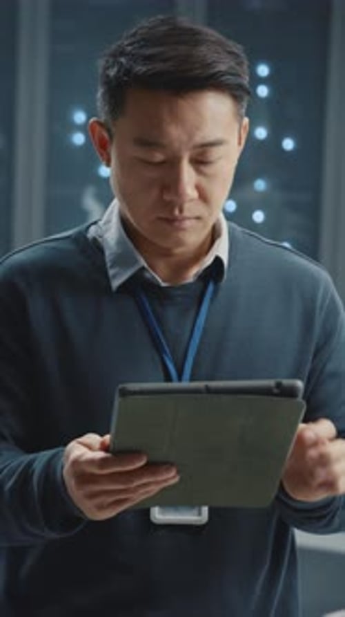 Man Holding Tablet in Data Center
