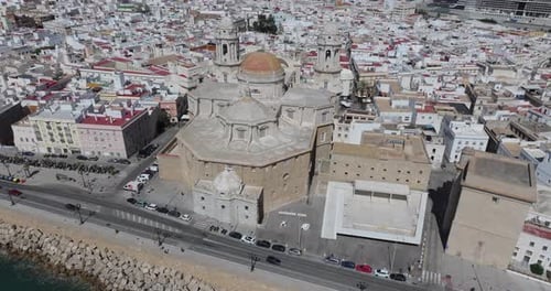Aerial drone cityscape view of Cadiz in Spain, Andalusia, Europe, on bright sunny day, facing Cádiz