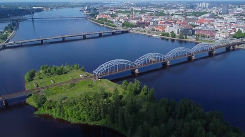 Aerial drone video of Riga, Latvia and bridges from Daugava River