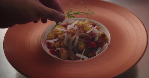 Beautiful slow motion, close-up and fixed shot of the chef's hand placing a green decorative branch
