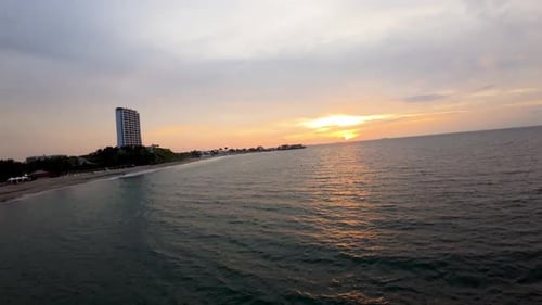 Sunset Over Tranquil Beach Of Punta Centinela In Ecuador. Aerial Drone Shot