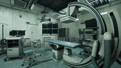 Abandoned Hospital Operating Room Showing Destroyed Medical Equipment and Waste