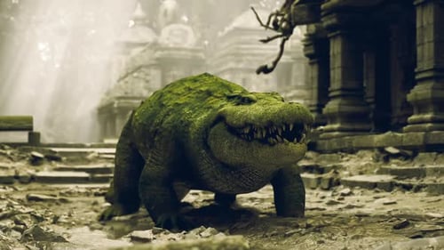 Grand crocodile explorant d'anciennes ruines dans un environnement de jungle brumeuse