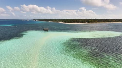 Candaraman Sand Bar Aerial View of Pristine Waters and Remote Hut