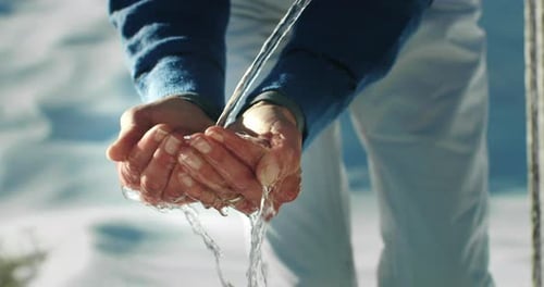 Cinematic Close Up shot of Young Thirsty Female Tourist Drinking Fresh Pure Cold Water fr