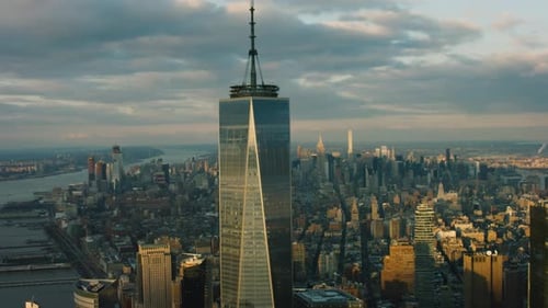 One world trade center dominates the New York City skyline aerial view