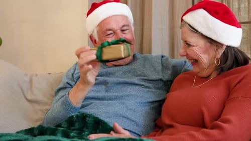 Lovely Senior Couple Exchanging Christmas Gifts
