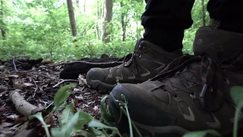 Hiker walks by in the forest with high quality hiking shoes close up shot.