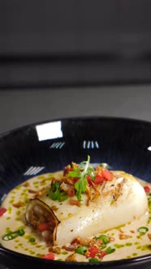 Final Touch in Dish Serving Restaurant Vertical Footage Chef Cooking Staffed Crab Dish Healthy