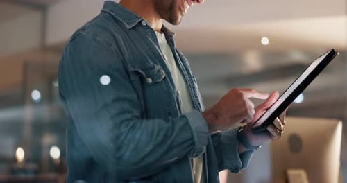 Hands, office and business man on tablet for internet, website research and typing online