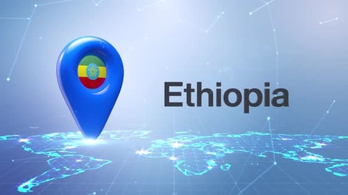 Futuristic World Map with Ethiopia Location Pin Animation