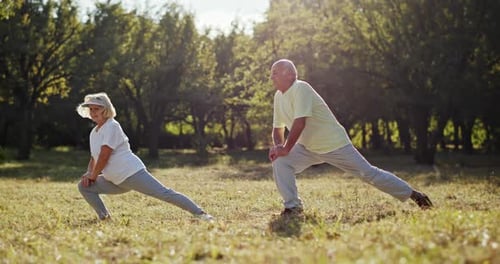 Senior Grandparents Working Out in a Park Together Doing Side Stretches in the Summer Sunshine in a