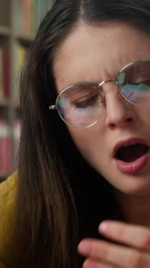 Tired Exhausted Caucasian Woman Student Yawning Studying Books Indoors Library Sleepy Female Girl in