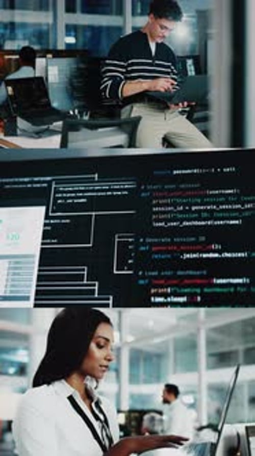 Codage, séries et personnes disposant d'un ordinateur portable en entreprise, en ligne et de scripts pour le développement de logiciels